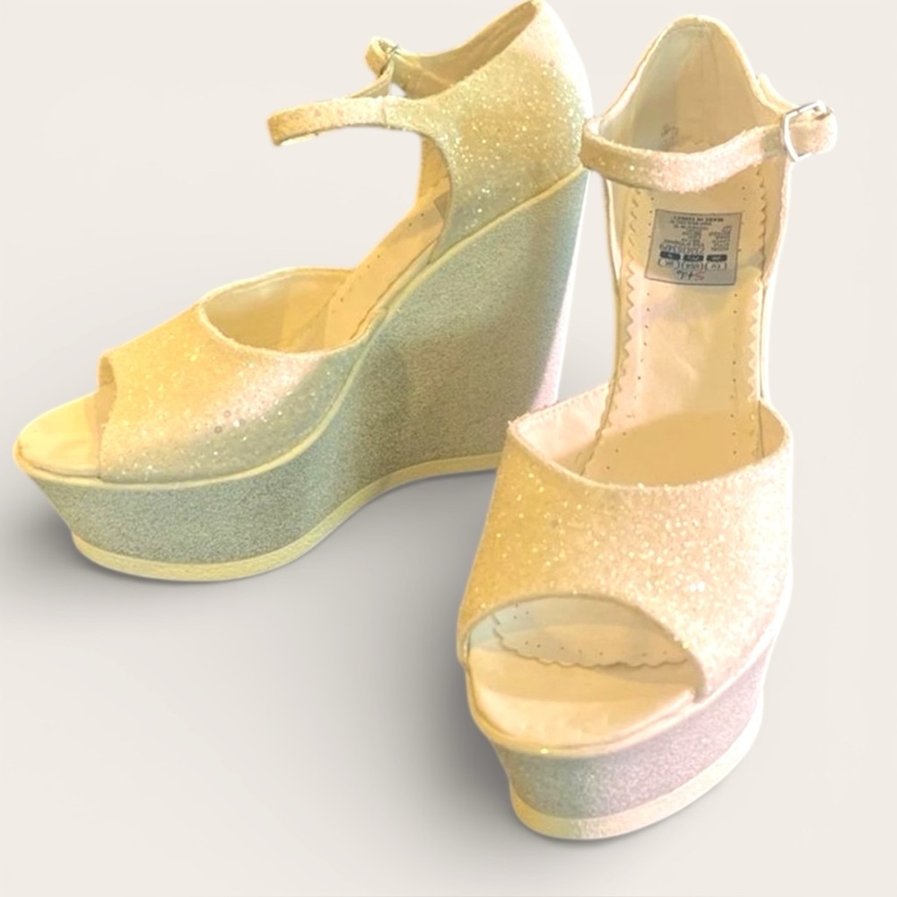 Bridal wedge platform heels white glitter ankle strap wedding 7.5 comfortable